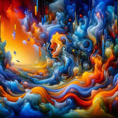 The primary subject of the image is a painting featuring a person's face, surrounded by a vibrant and colorful background. The setting includes a beach scene with a sunset in the background. The visual style is a mix of digital art and illustration, creating a unique and artistic representation of the person's face. The colors and mood of the painting are lively and energetic, with a focus on the bright and bold hues of the background.